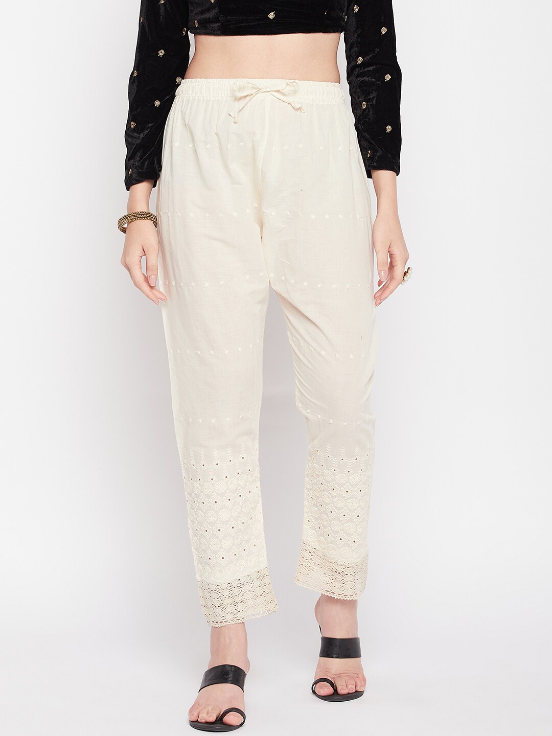 

Clora Creation Women Floral Chikankari Embroidered Cotton Palazzos, Off white