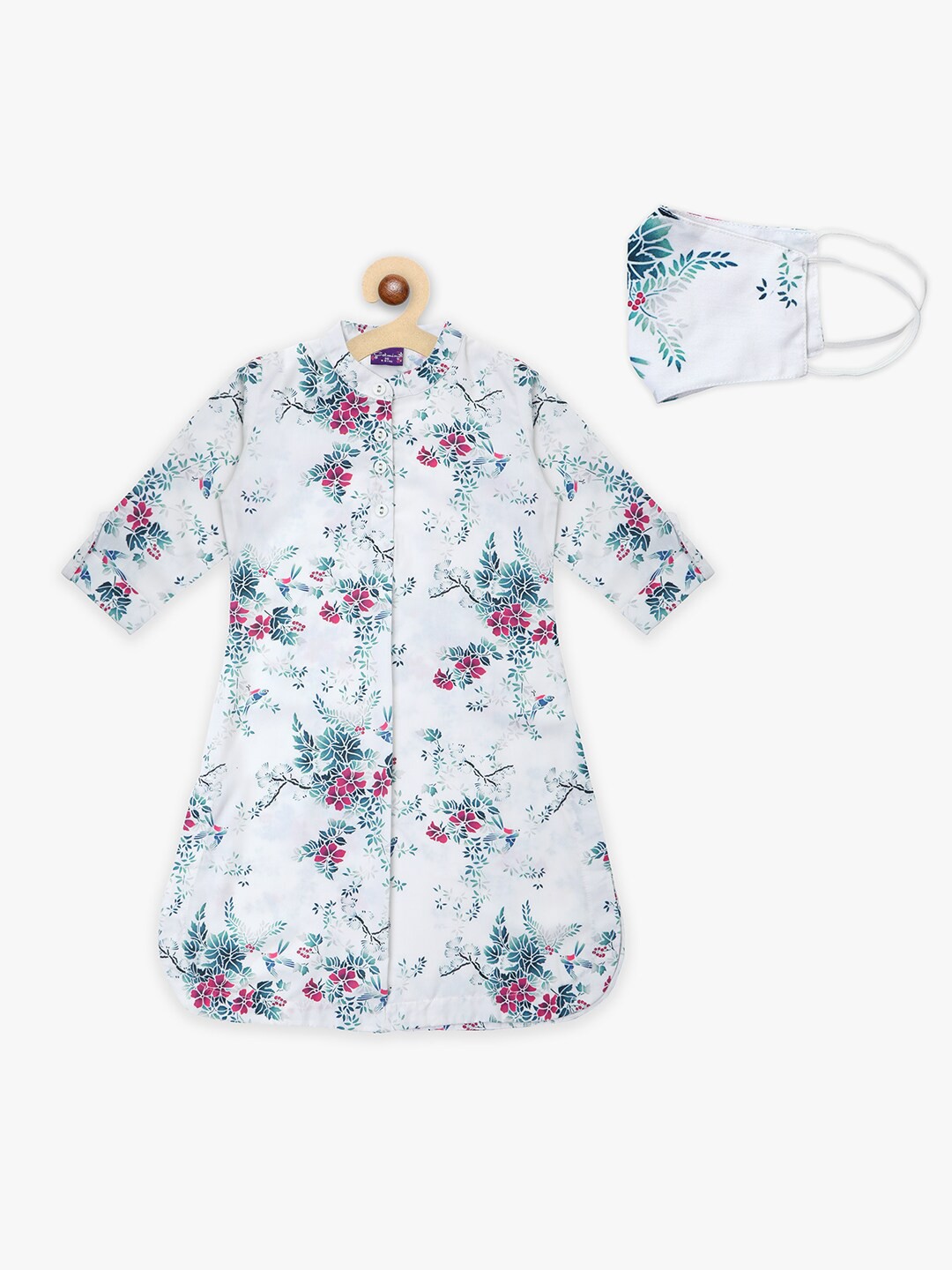 

YK Girls Floral Printed Kurti With Mask, White