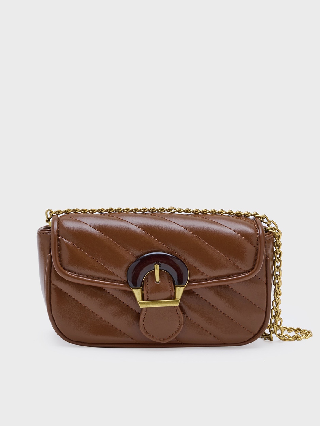 

20Dresses Brown Textured Structured Sling Bag With Quilted