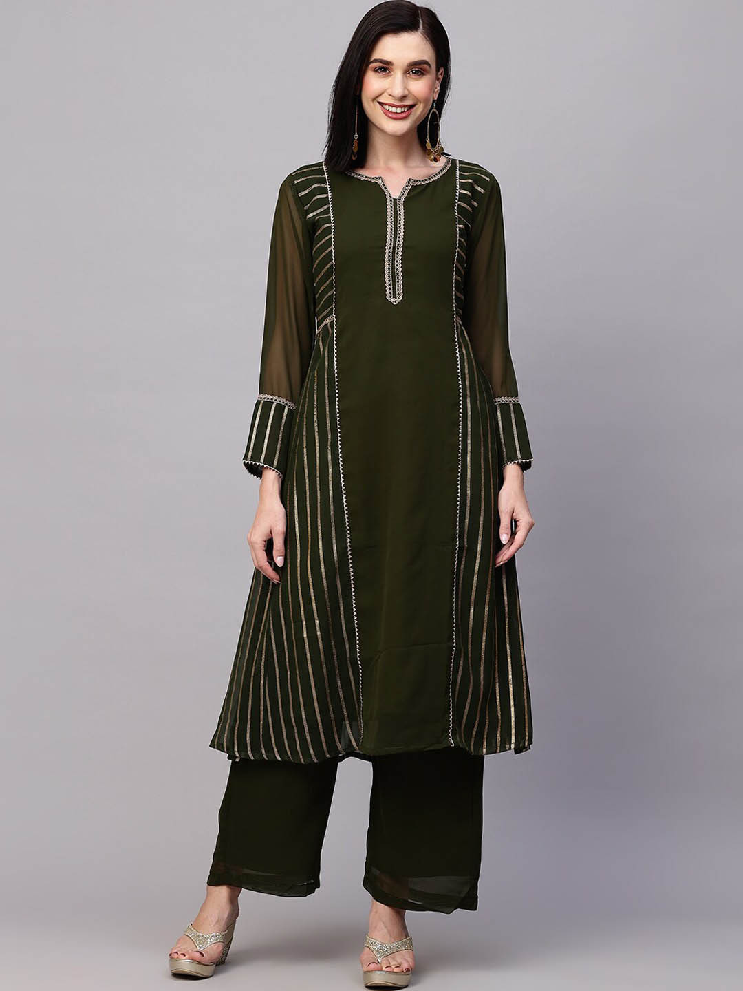 

AVANSHEE Striped A-line Gotta Patti Kurta With Trousers, Olive