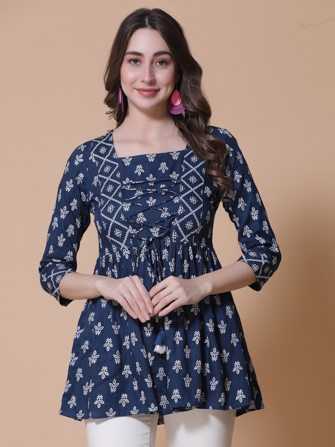 

God Bless Ethnic Printed Peplum Top, Blue