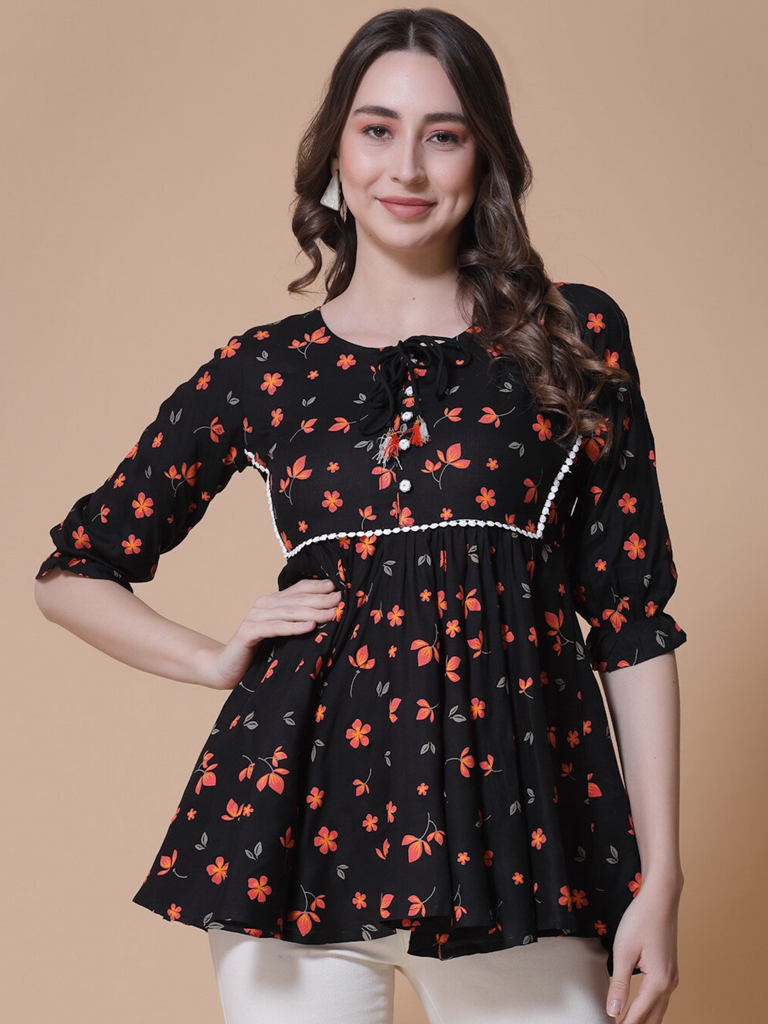 

God Bless Floral Printed Tie-Up Neck Peplum Top, Black