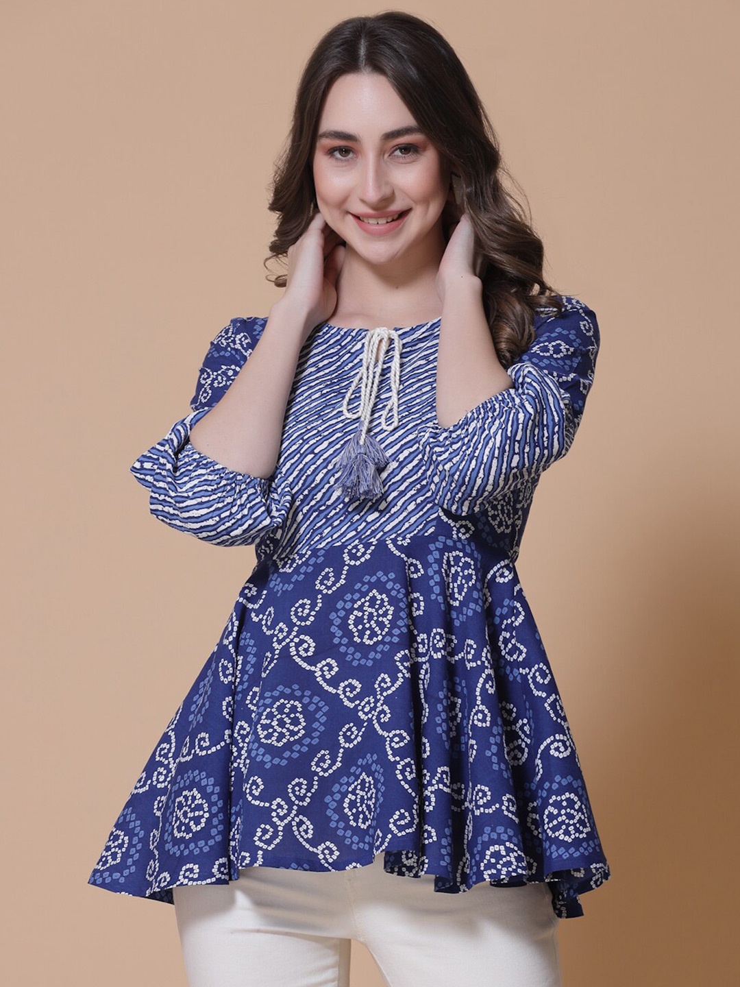 

God Bless Bandhani Printed Peplum Top, Blue