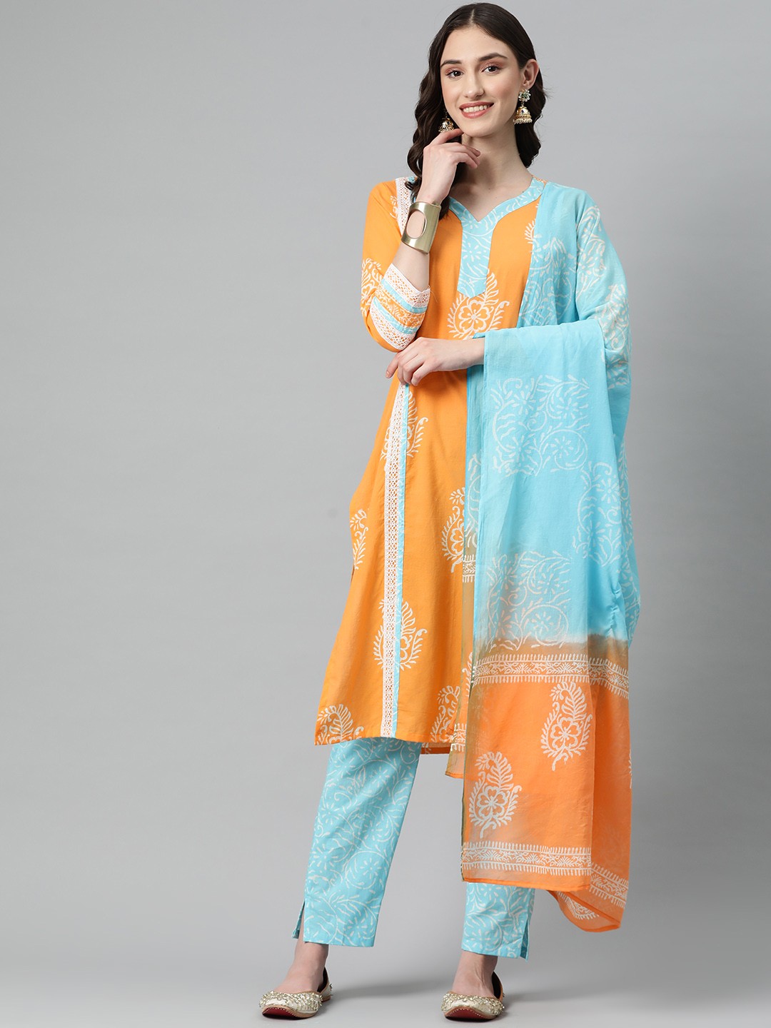 

BUTA BUTI Printed Pure Cotton Unstitched Dress Material, Orange
