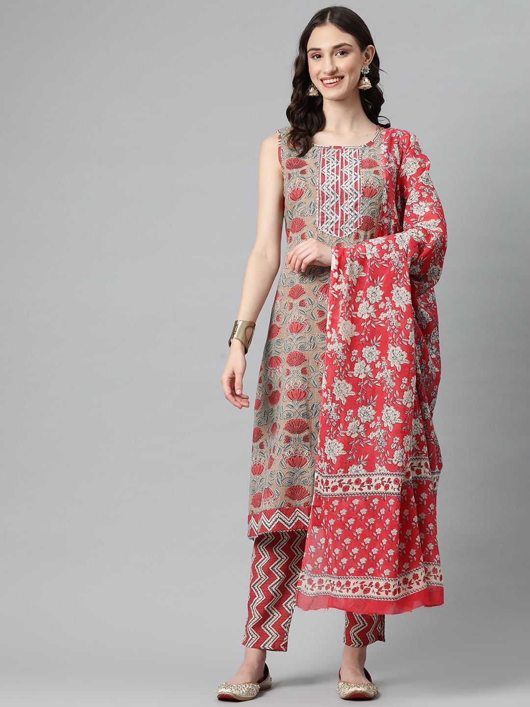 

BUTA BUTI Printed Pure Cotton Unstitched Dress Material, Brown