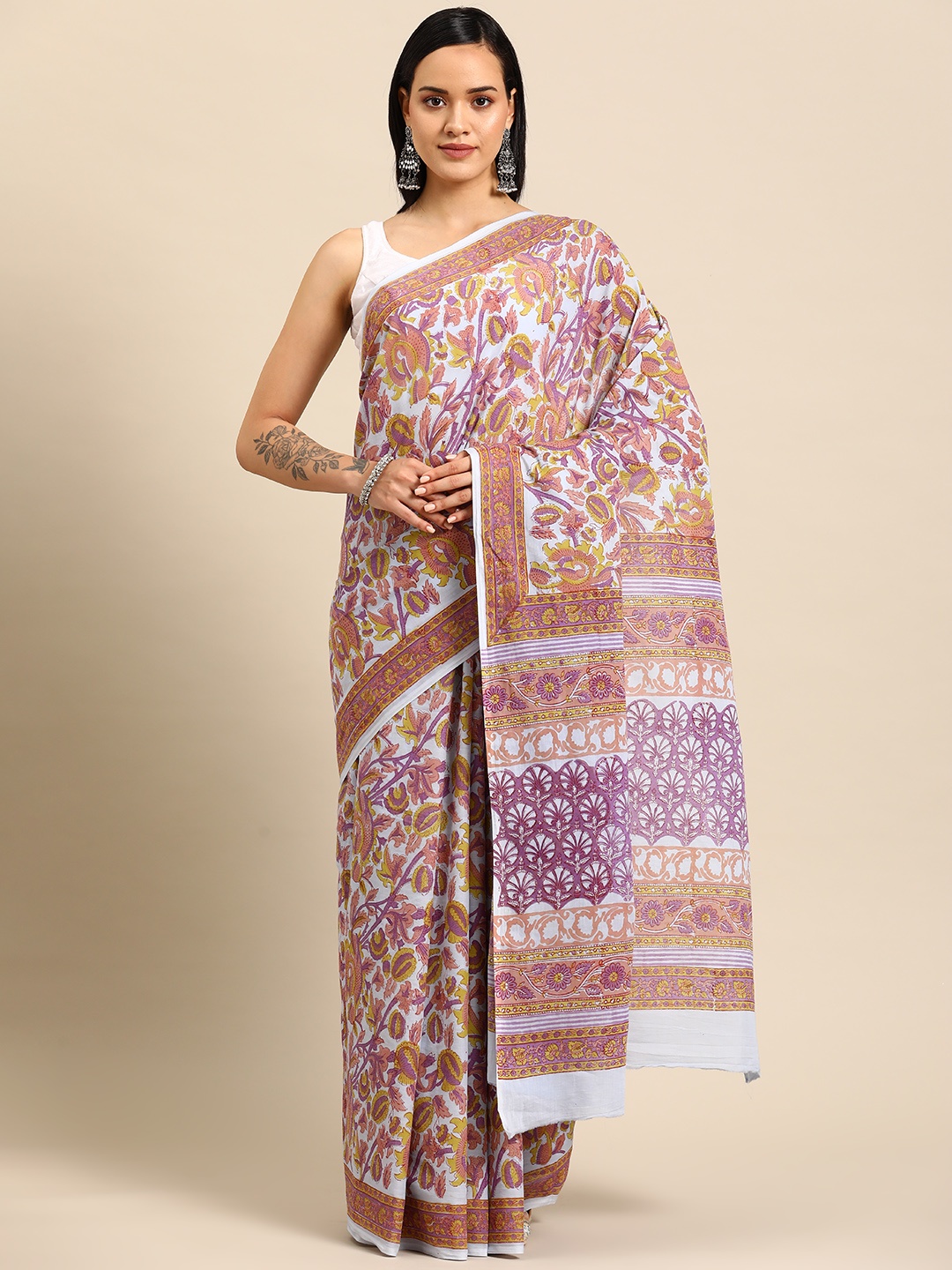 

BUTA BUTI Floral Pure Cotton Block Print Saree, Blue