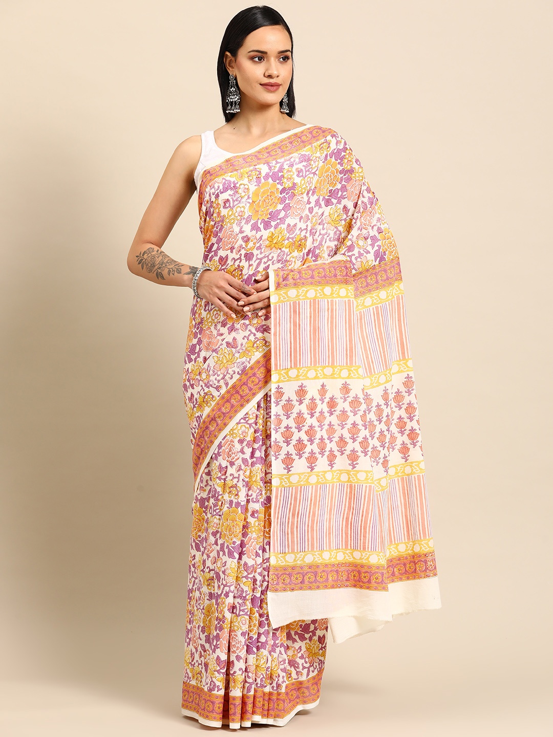 

BUTA BUTI Floral Pure Cotton Block Print Saree, Yellow
