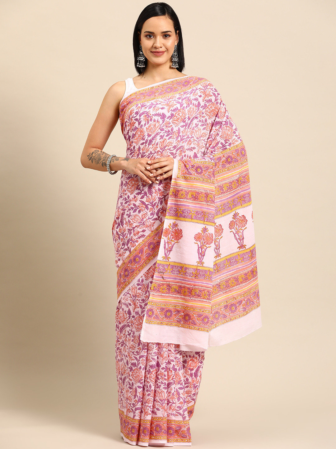 

BUTA BUTI Floral Pure Cotton Block Print Saree, Pink