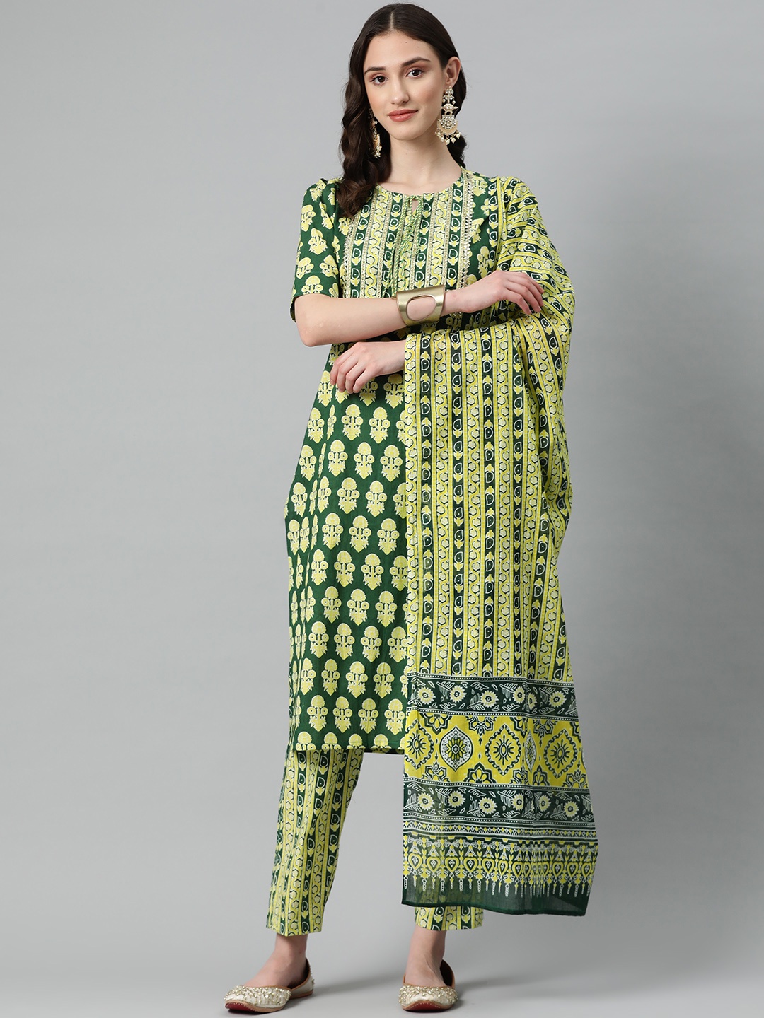 

BUTA BUTI Printed Pure Cotton Unstitched Dress Material, Green
