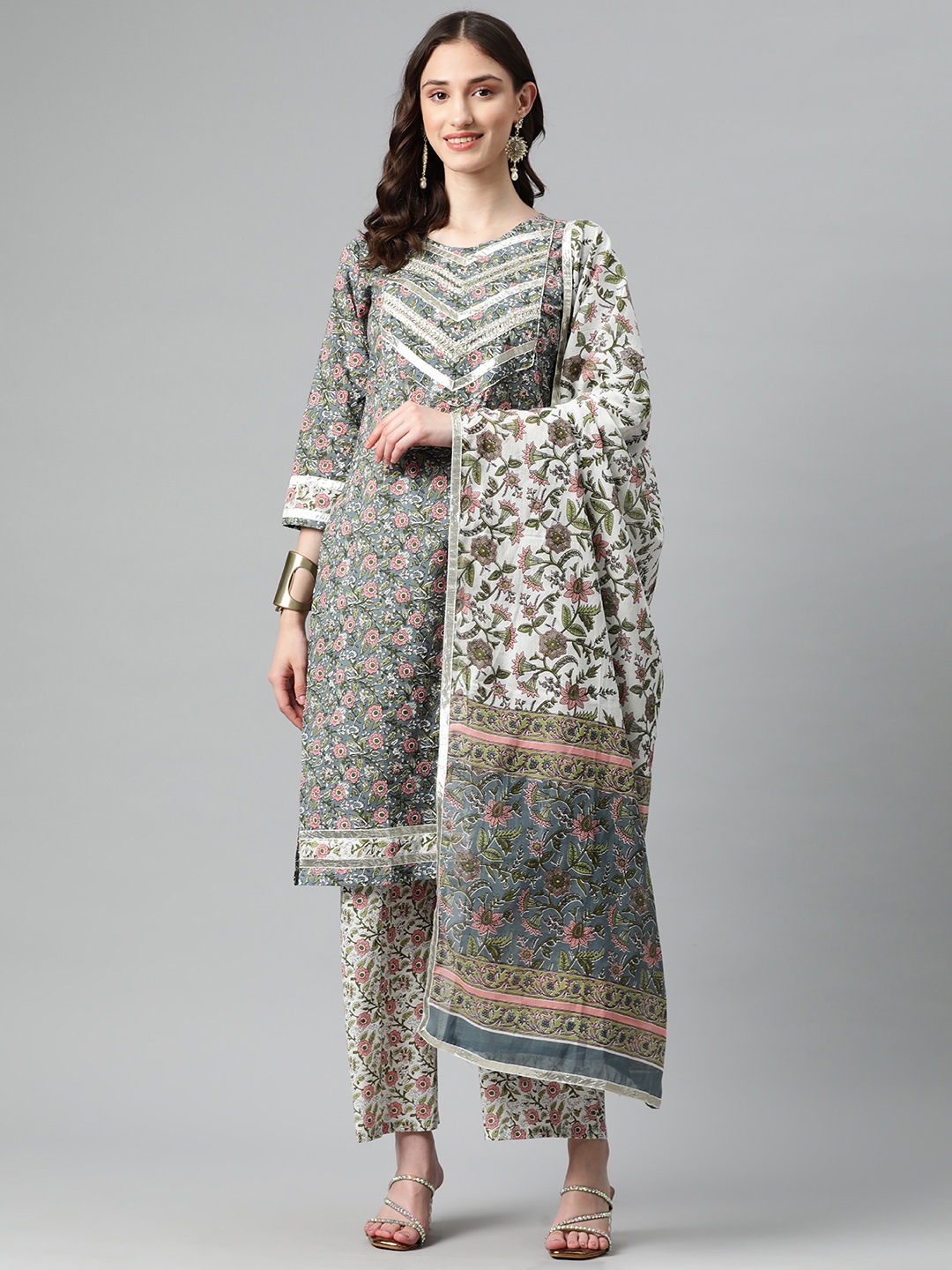 

BUTA BUTI Printed Pure Cotton Unstitched Dress Material, Grey