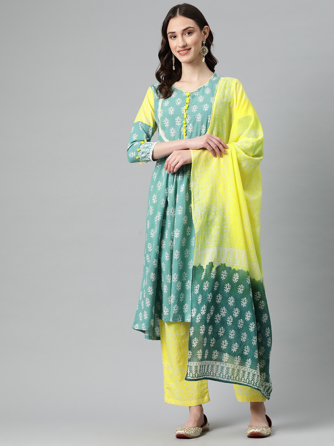 

BUTA BUTI Printed Pure Cotton Unstitched Dress Material, Green