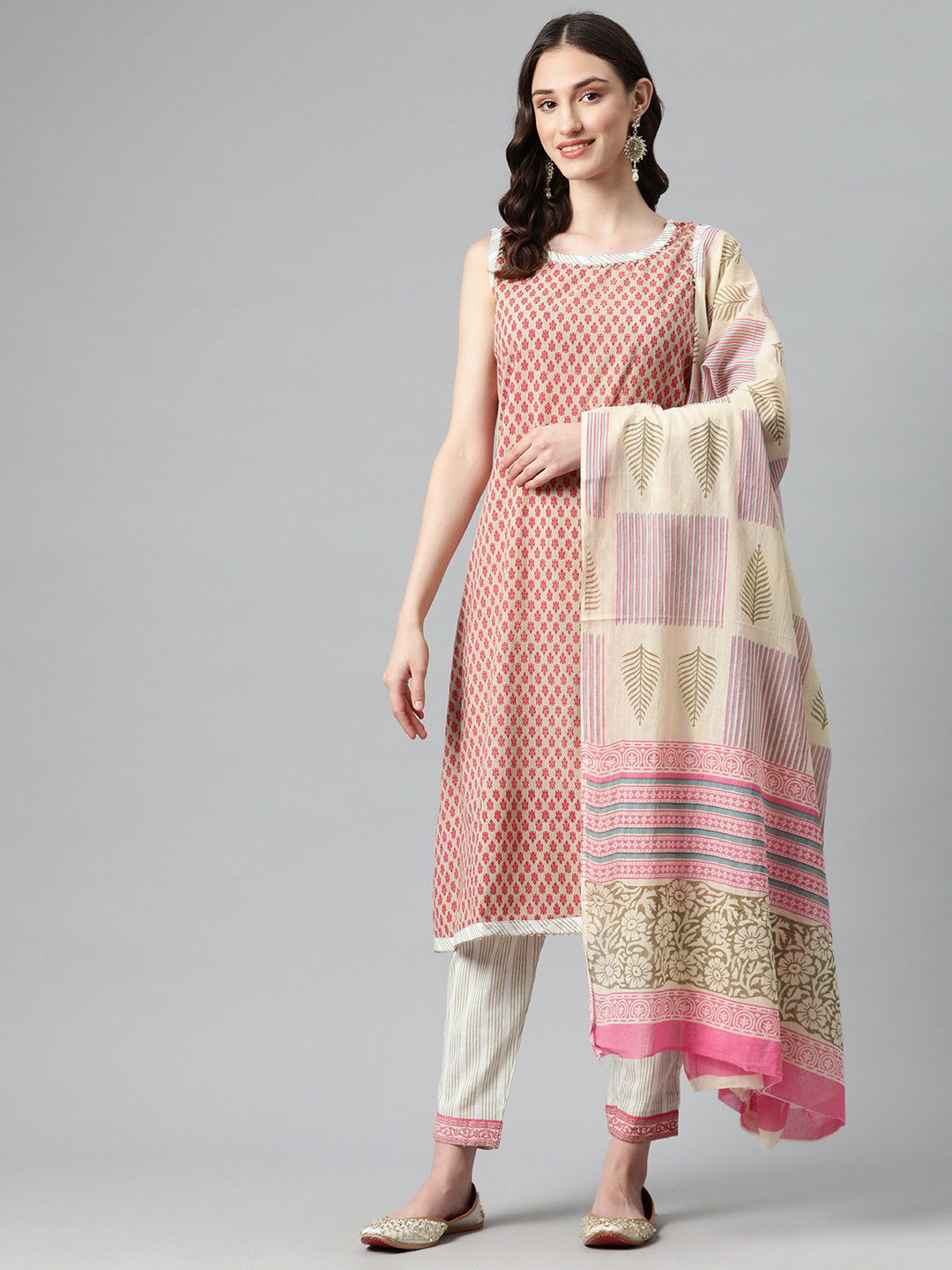

BUTA BUTI Printed Pure Cotton Unstitched Dress Material, Beige