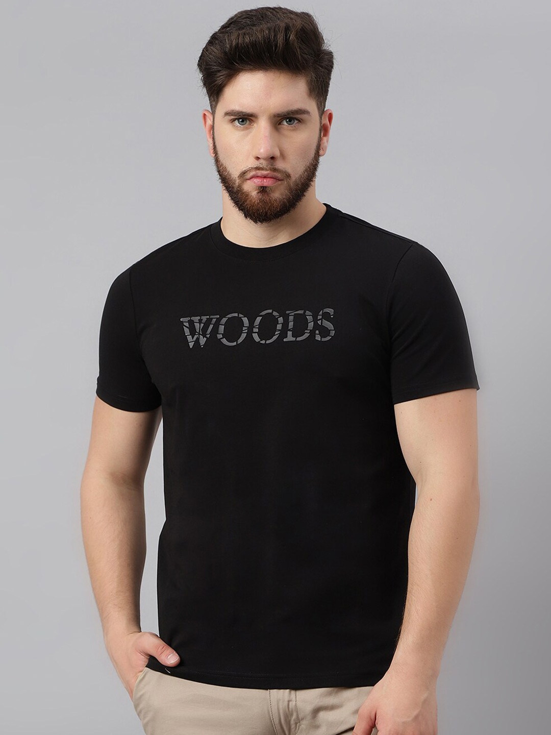 

Woods Round Neck Cotton Casual T-Shirt, Black