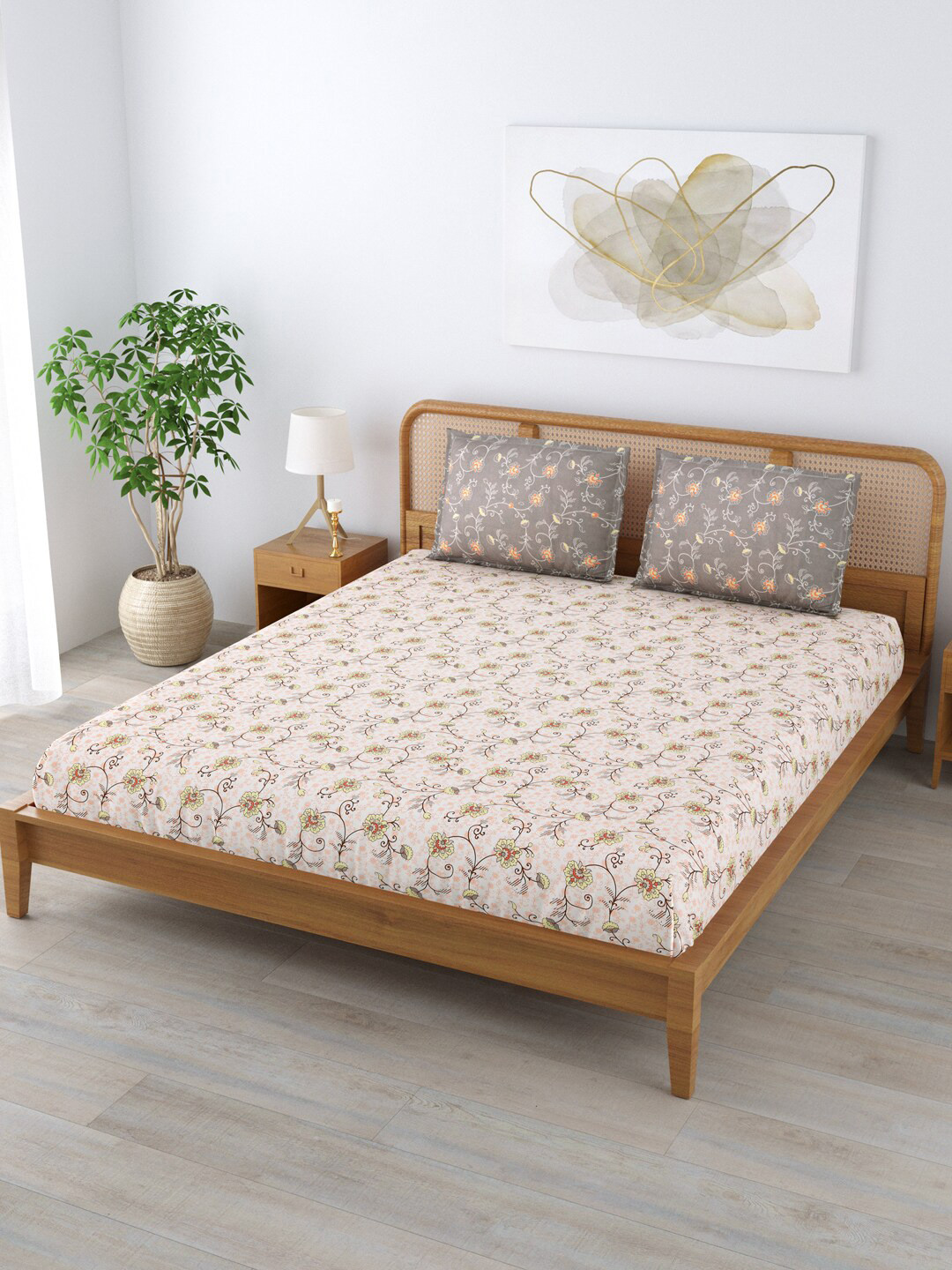

Clasiko Beige & Mustard Floral 180 TC Cotton King Bedsheet With 2 Pillow Covers