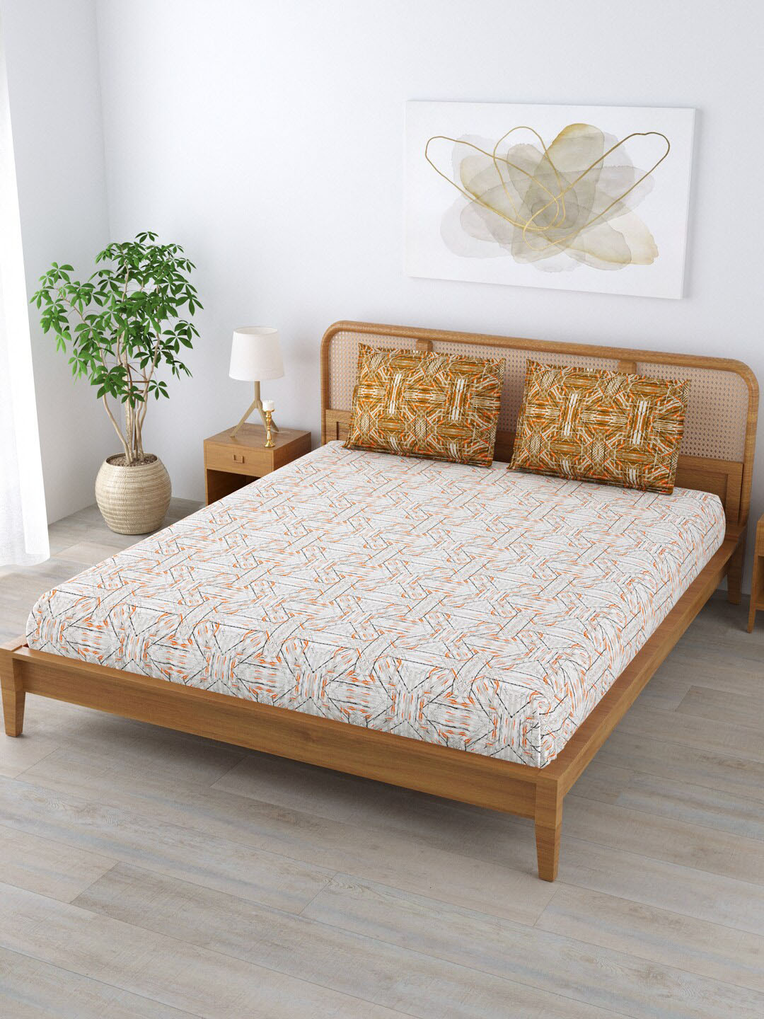 

Clasiko Grey & Orange Abstract Printed 180 TC Cotton King Bedsheet With 2 Pillow Covers