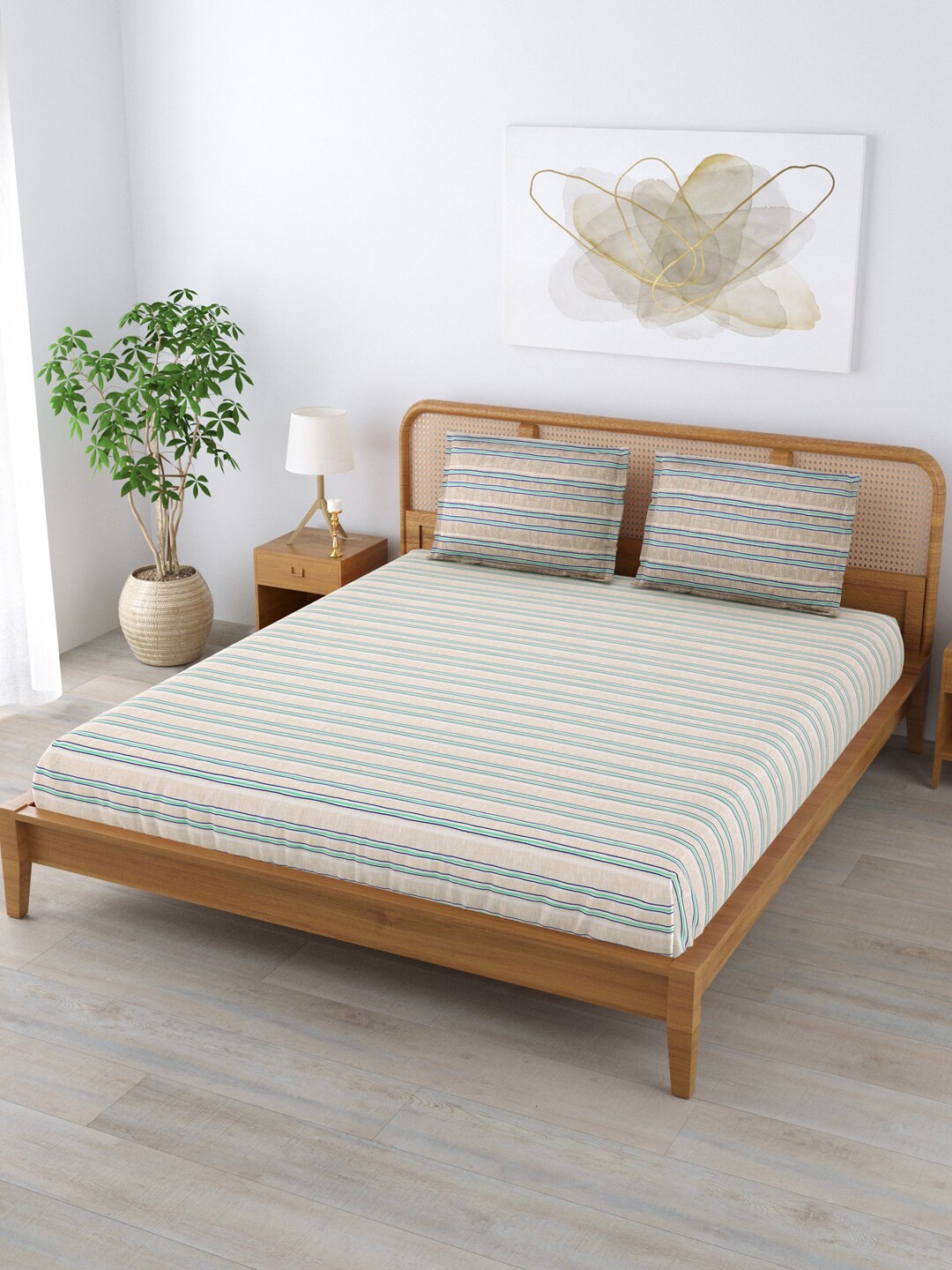 

Clasiko Green & Beige Striped 180 TC Cotton King Bedsheet With 2 Pillow Covers