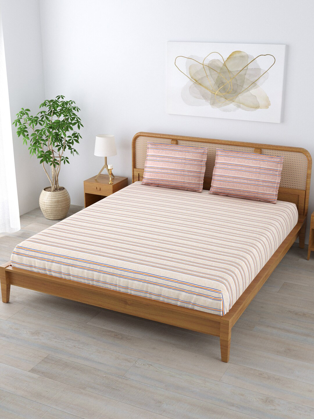 

Clasiko Orange & Blue Striped 180 TC Cotton King Bedsheet With 2 Pillow Covers