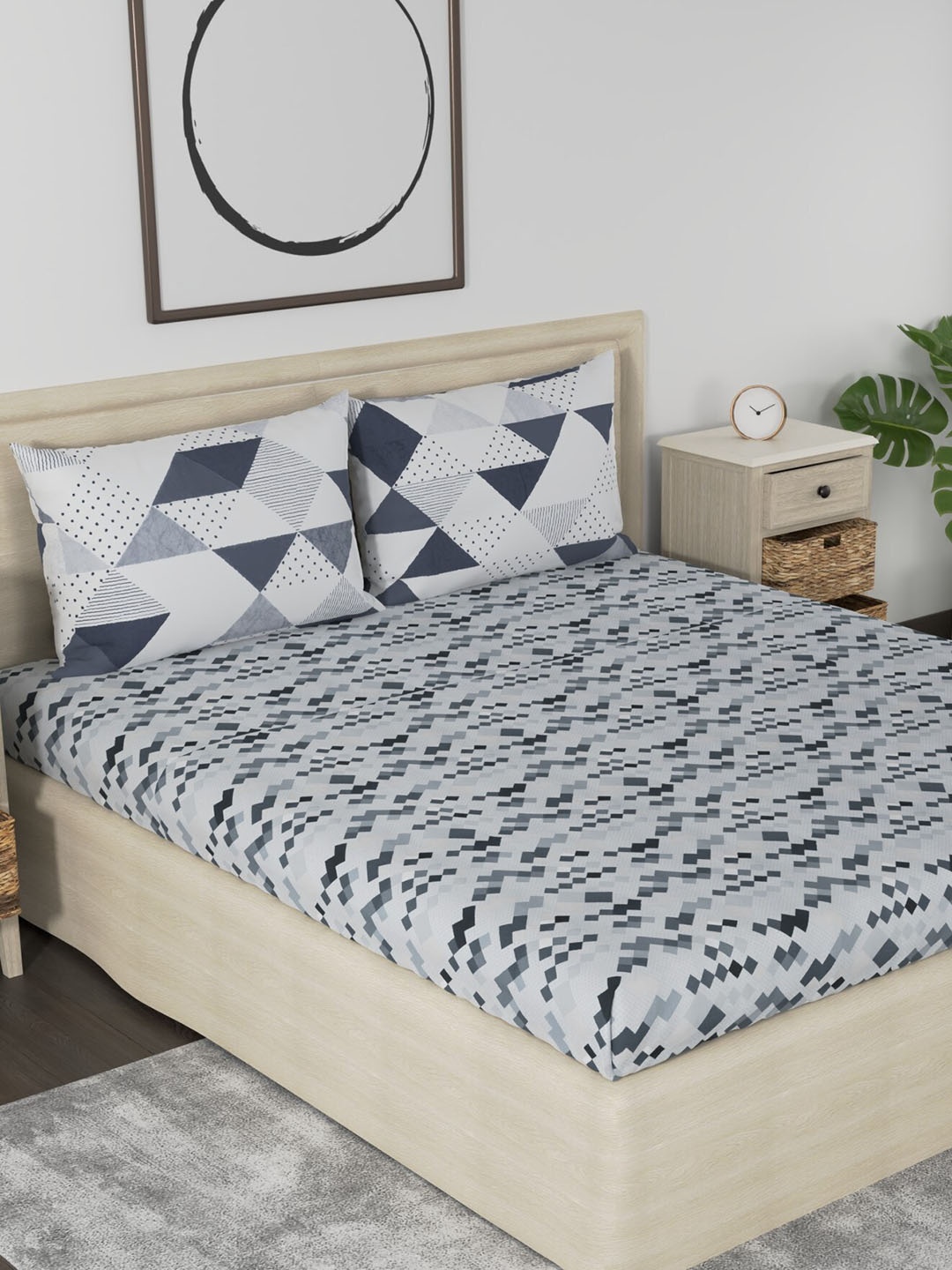 

Huesland Grey & White Geometric Cotton 186 TC Queen Bedsheet With 2 Pillow Covers