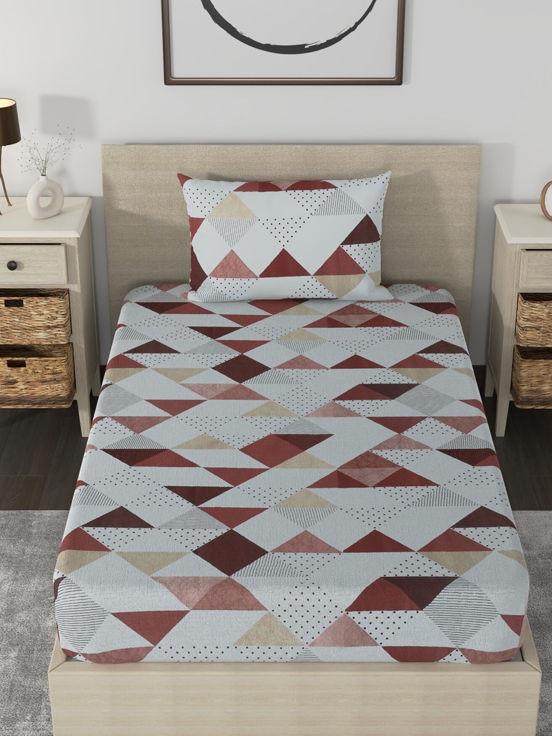 

Huesland White & Brown Geometric Cotton 186 TC Single Bedsheet With 1 Pillow Covers