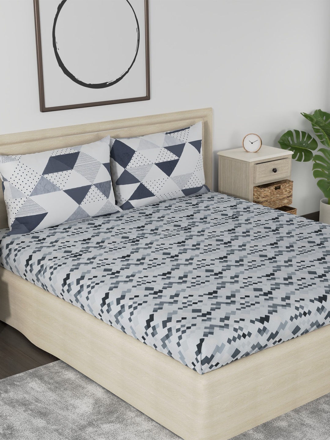 

Huesland Grey & White Geometric Cotton 186 TC King Bedsheet With 2 Pillow Covers