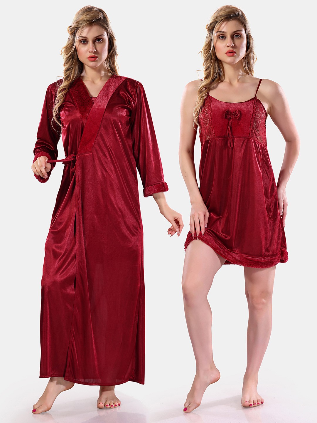 

Be You Square Neck Lace Up Details Satin Nightdress With Robe, Maroon