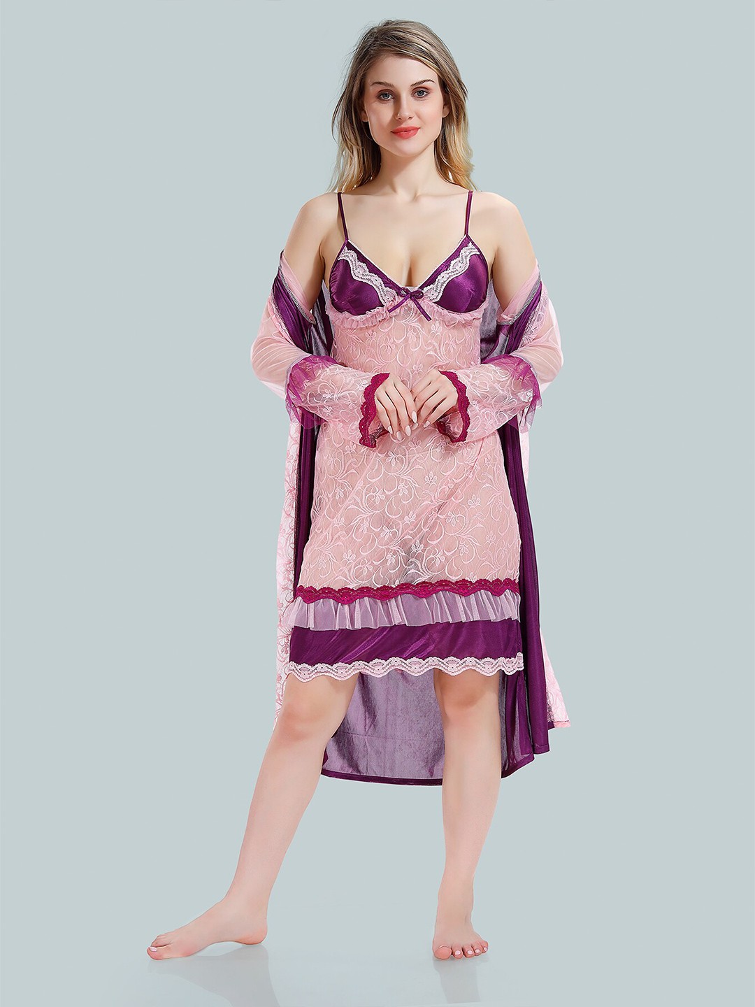 

Be You V Neck Floral Self Design Lace Up Details Satin Baby Dolls With Robe, Purple