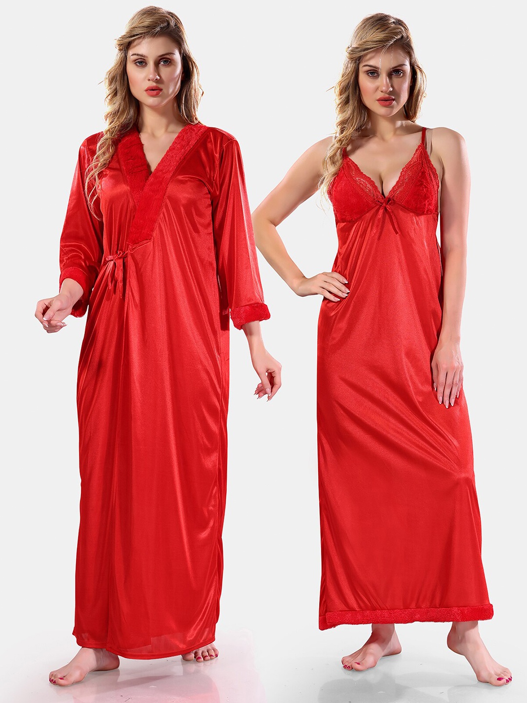 

Be You V Neck Lace Up Details Satin Maxi Nightdress With Robe, Red