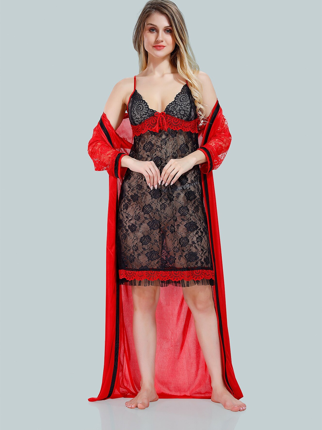 

Be You V Neck Floral Self Design Lace Up Details Satin Baby Dolls With Robe, Red