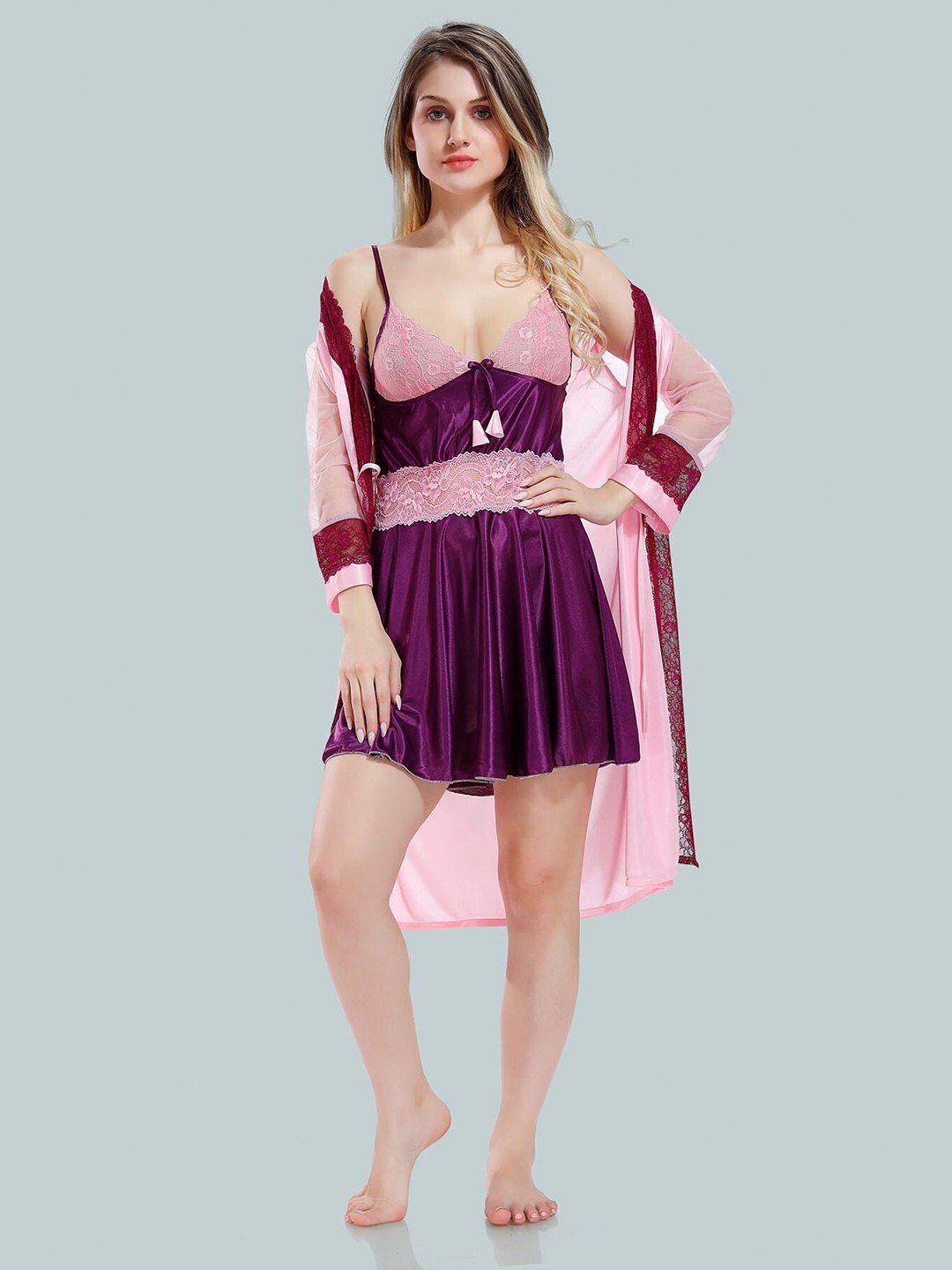 

Be You V Neck Lace Up Details Satin Babydoll With Robe, Purple