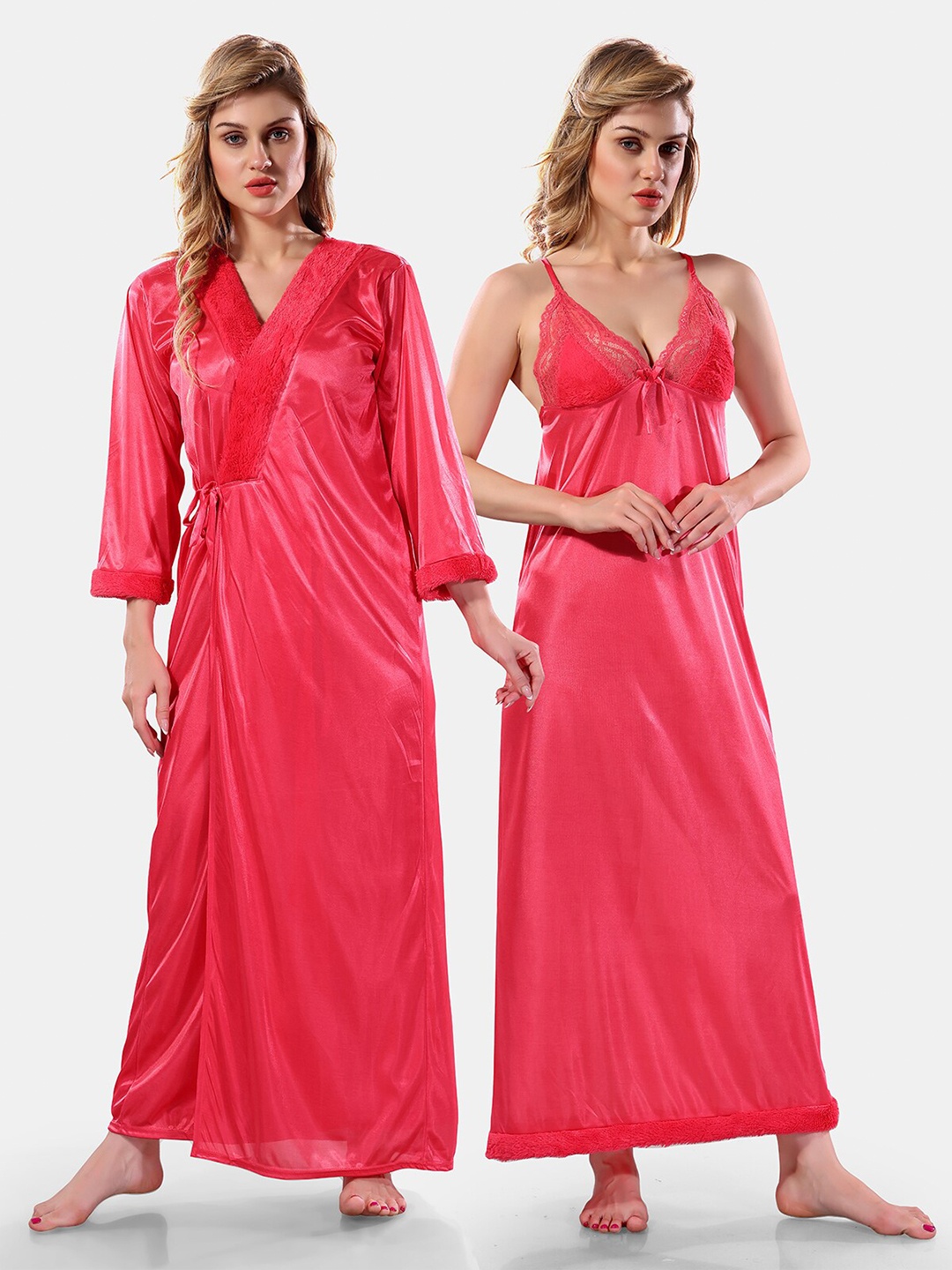 

Be You V Neck Lace Up Details Satin Maxi Nightdress With Robe, Peach