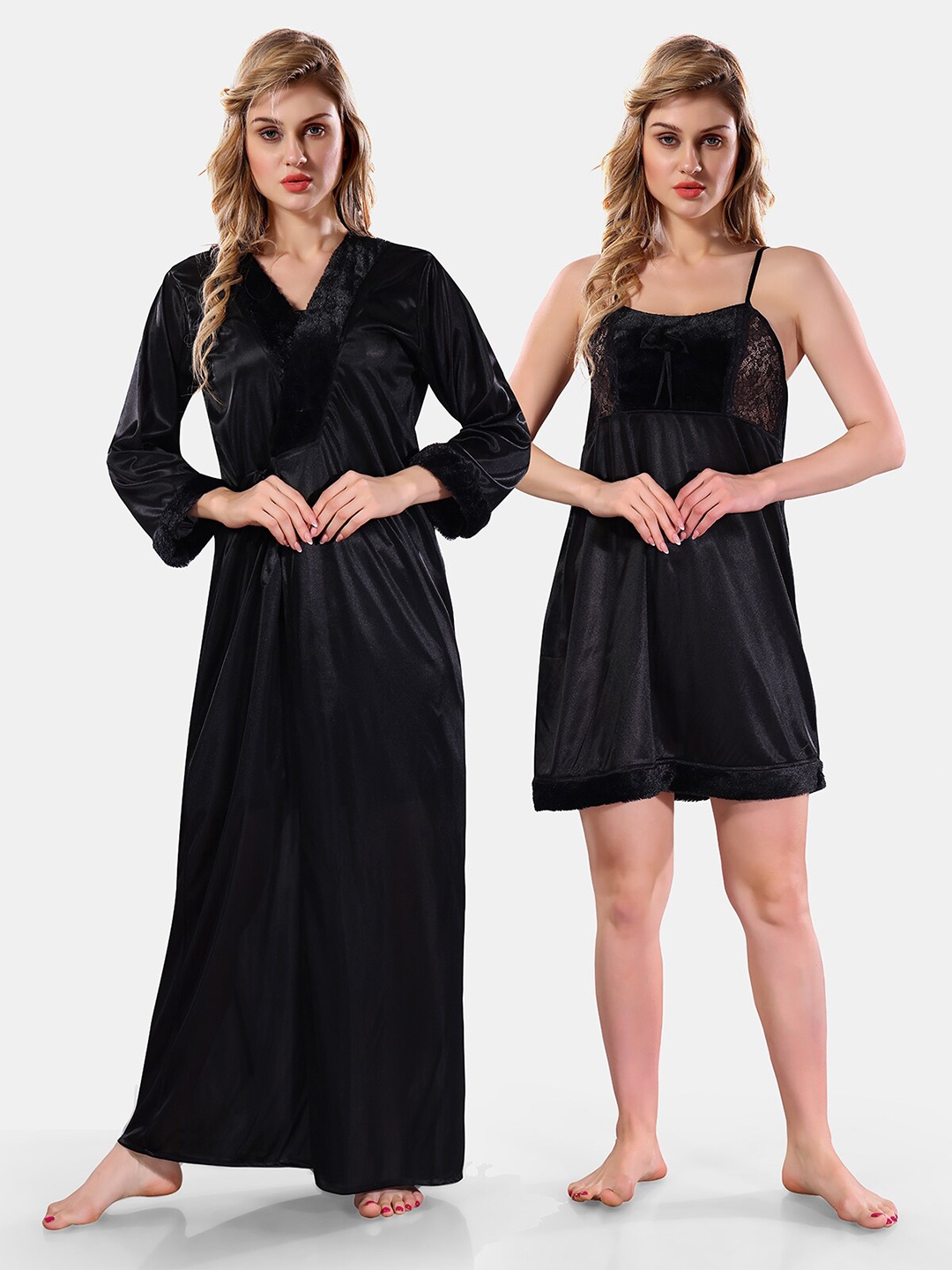 

Be You Square Neck Lace Up Details Satin Maxi Nightdress With Robe, Black