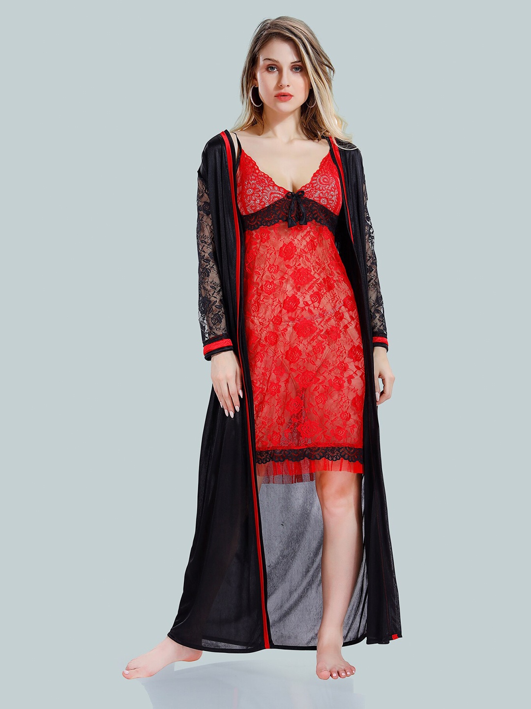 

Be You V-Neck Lace Up Details Satin Baby Dolls With Robe, Black