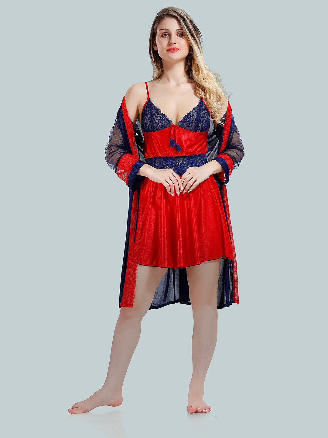 

Be You V-Neck Lace Up Details Satin Baby Doll With Robe, Navy blue