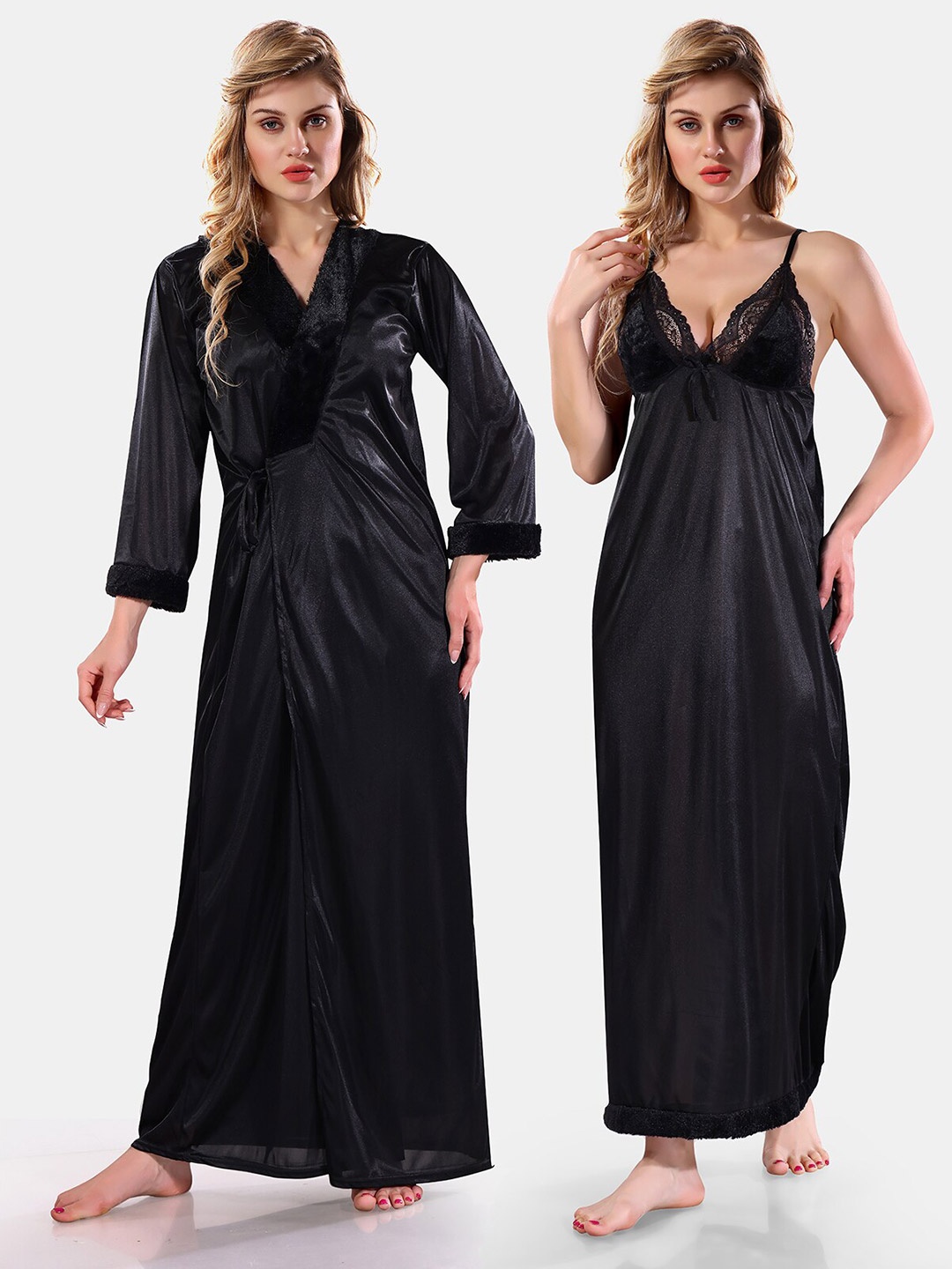 

Be You Floral Lace Satin Night Dress With Robe, Black