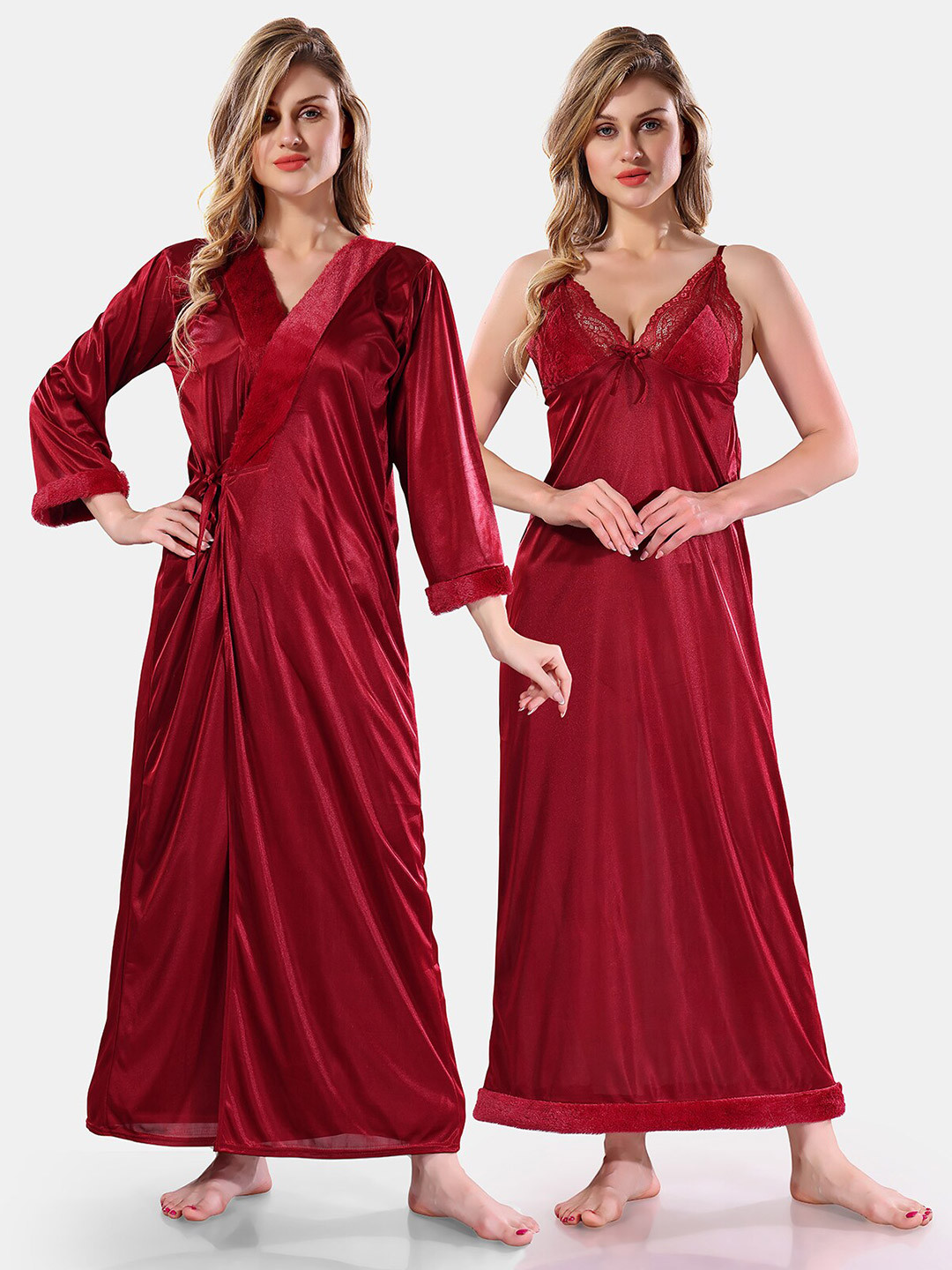 

Be You Floral Lace Satin Night Dress With Robe, Maroon