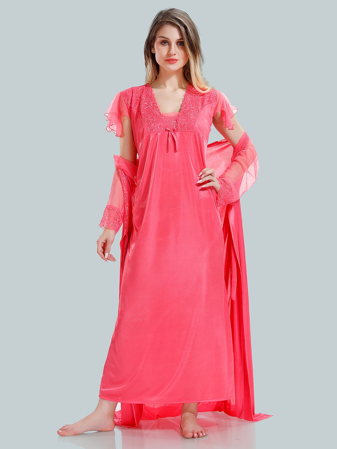 

Be You V-Neck Satin Nightdress With Robe, Peach