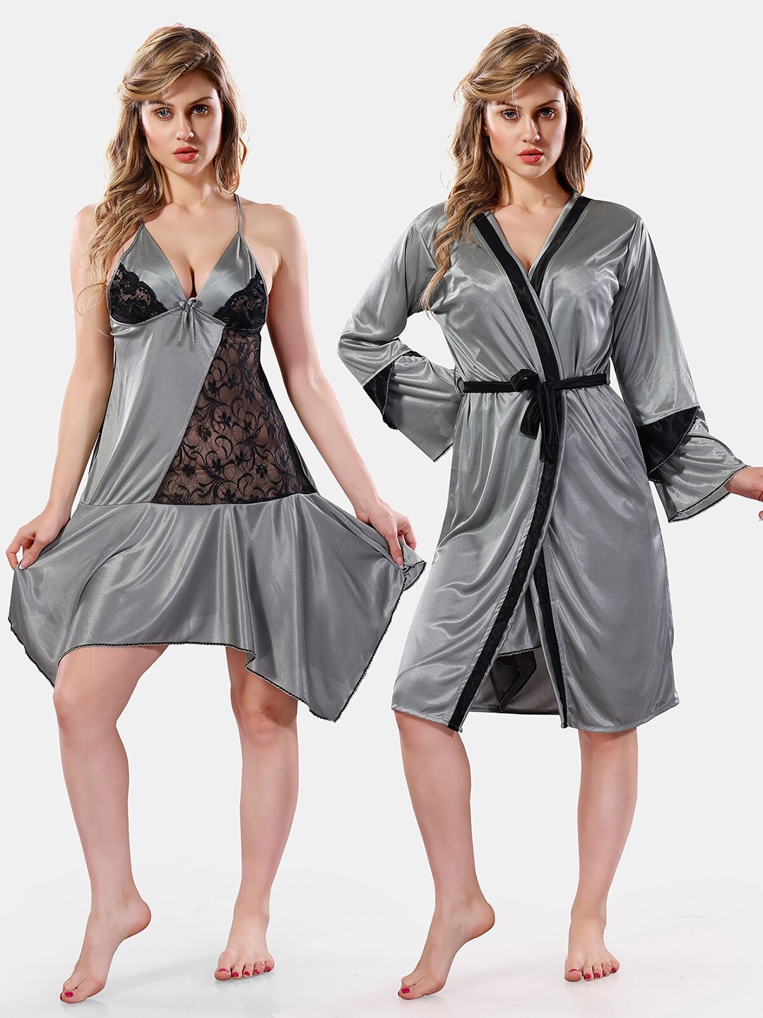 

Be You V-Neck Lace Up Details Satin Baby Doll With Robe, Grey
