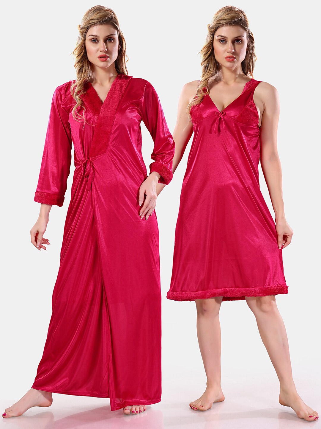

Be You V-Neck Long Sleevs Satin Maxi Nightdress With Robe, Pink