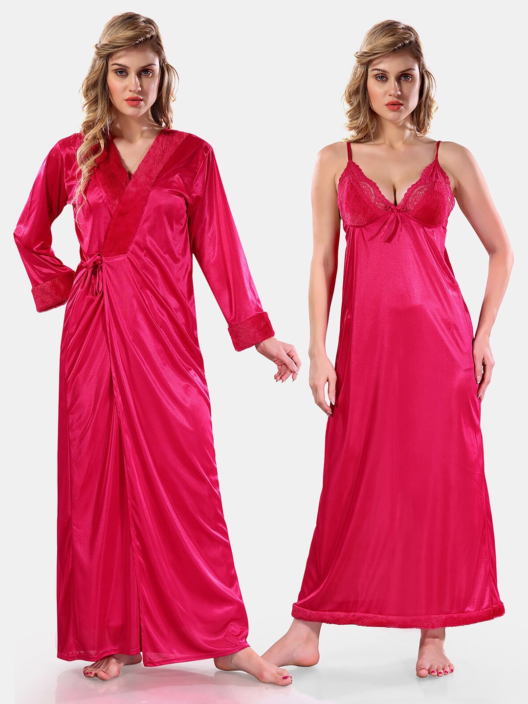 

Be You V-Neck Long Sleevs Satin Maxi Nightdress With Robe, Pink