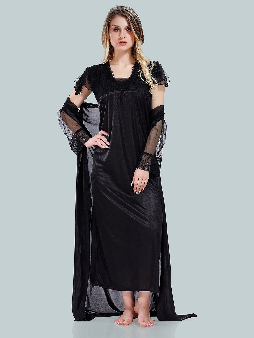 

Be You V-Neck Satin Maxi Nightdress With Robe, Black