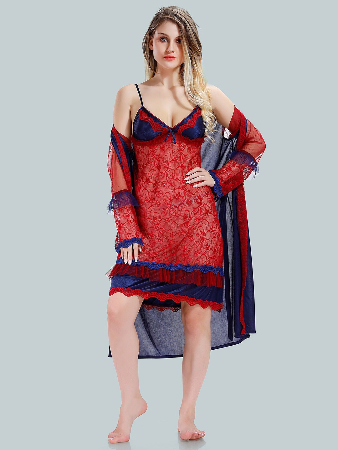 

Be You V-Neck Satin Baby Dolls Nightdress With Robe, Navy blue