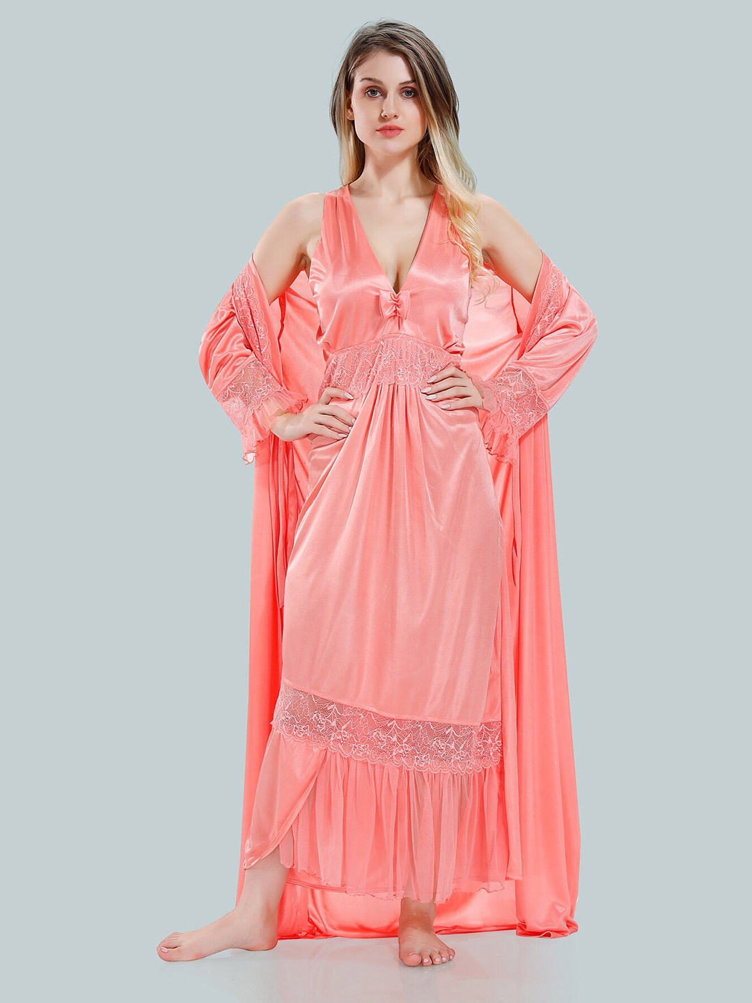 

Be You Floral Lace V-Neck Satin Night Dress With Robe, Peach