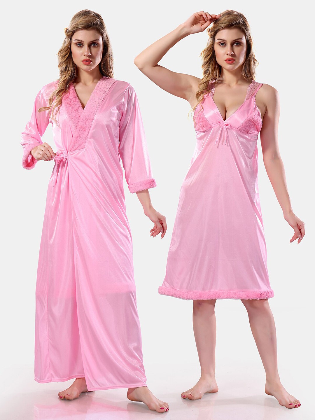 

Be You Floral Lace Satin Night Dress With Robe, Pink