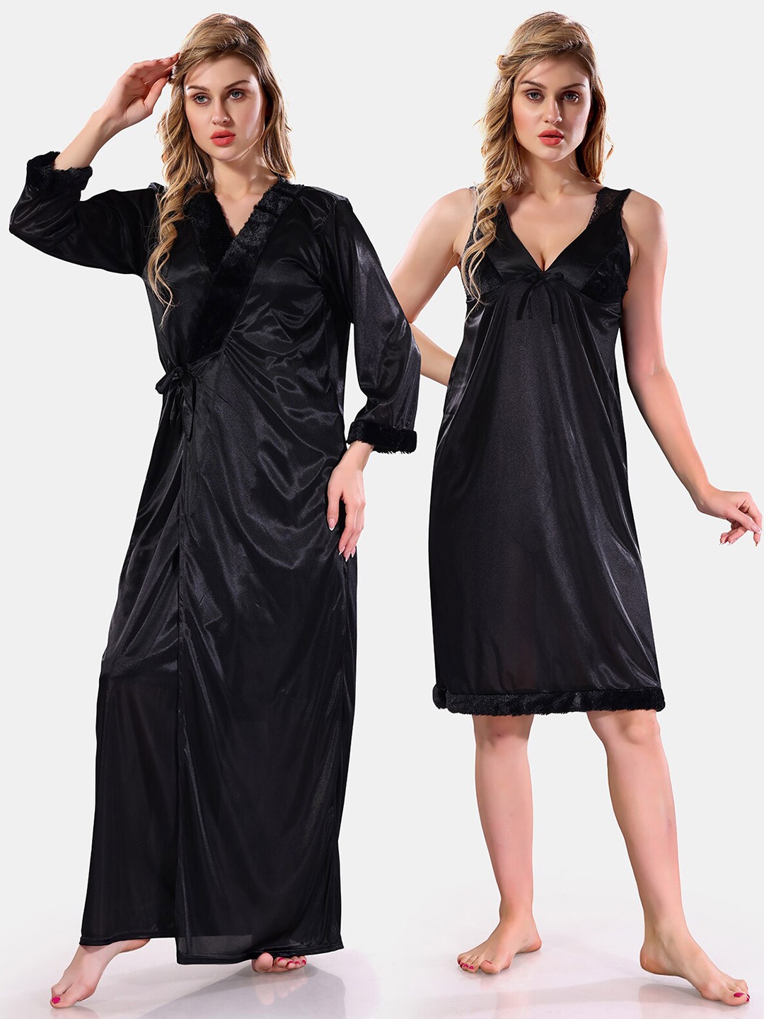 

Be You V-Neck Lace Up Details Satin Maxi Nightdress With Robe, Black