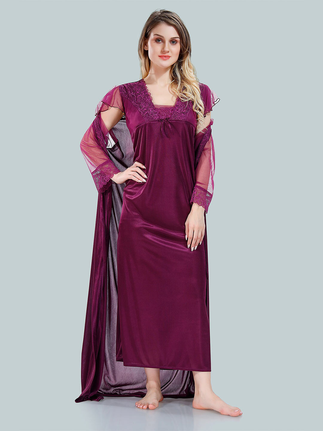 

Be You Square Neck Lace Up Details Satin Maxi Nightdress With Robe, Purple