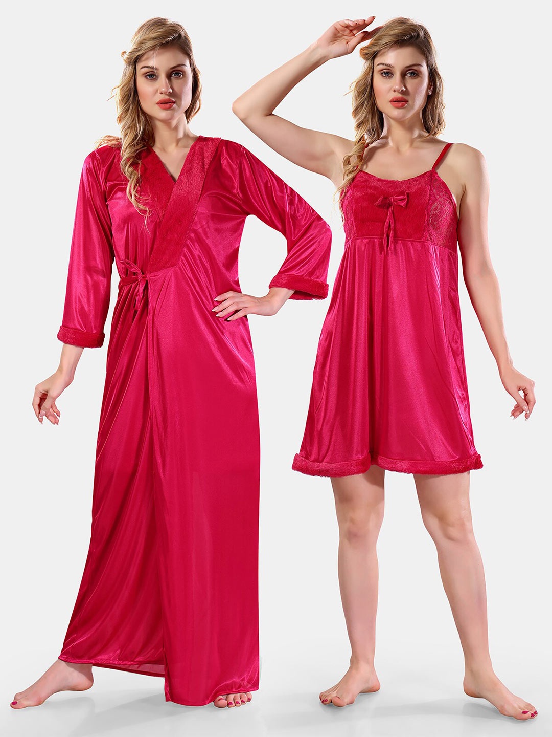 

Be You Square Neck Lace Up Details Satin Maxi Nightdress With Robe, Pink