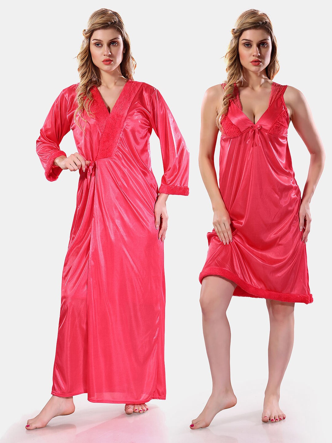 

Be You V-Neck Lace Up Details Satin Maxi Nightdress With Robe, Peach