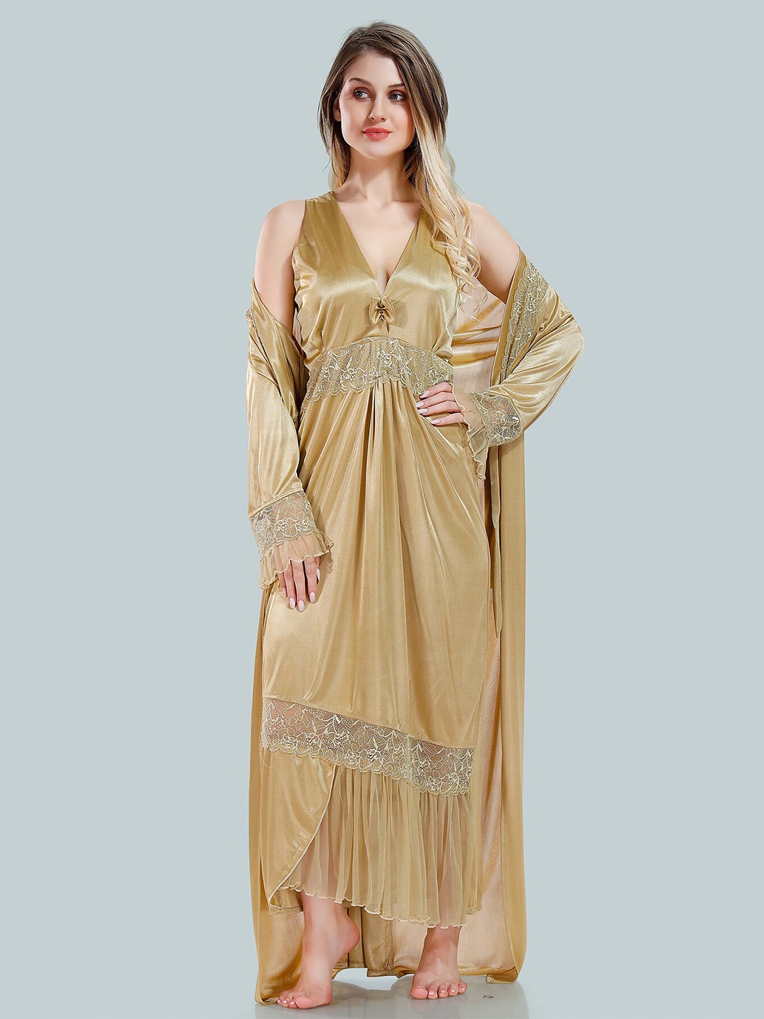 

Be You V Neck Lace Up Details Satin Nightdress With Robe, Gold
