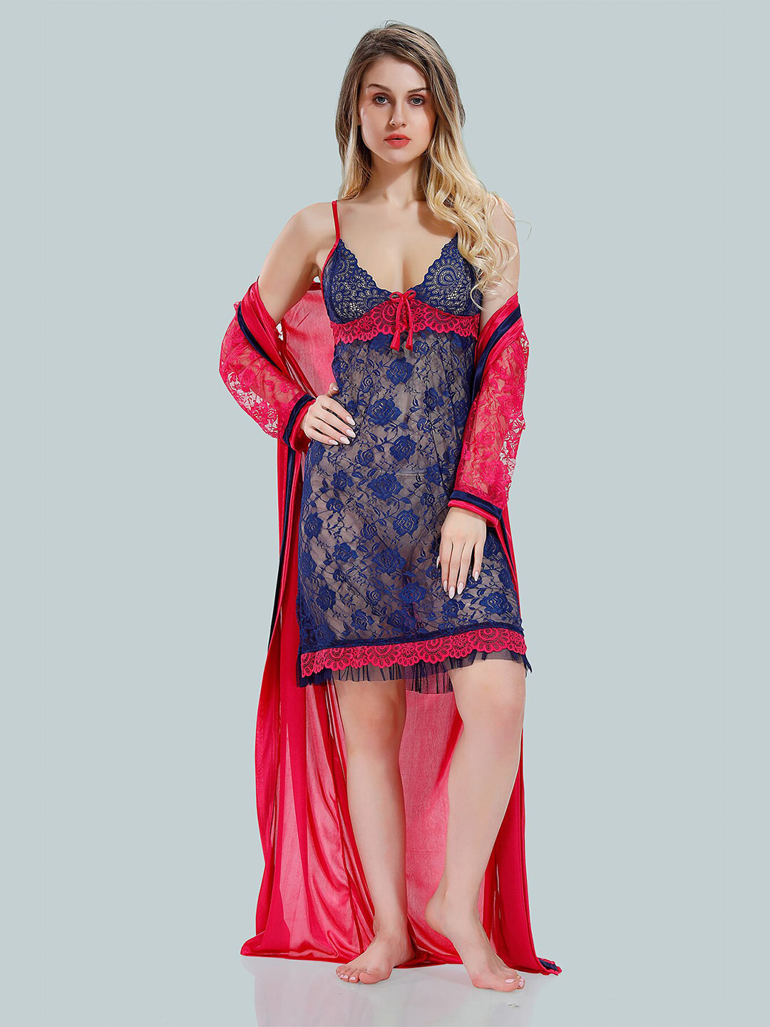 

Be You V Neck Floral Self Design Lace Up Details Satin Baby Dolls With Robe, Blue