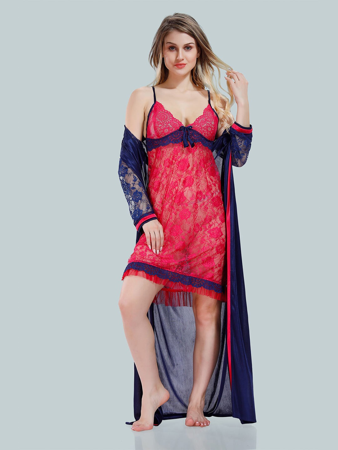 

Be You V Neck Floral Self Design Lace Up Details Satin Baby Dolls With Robe, Blue